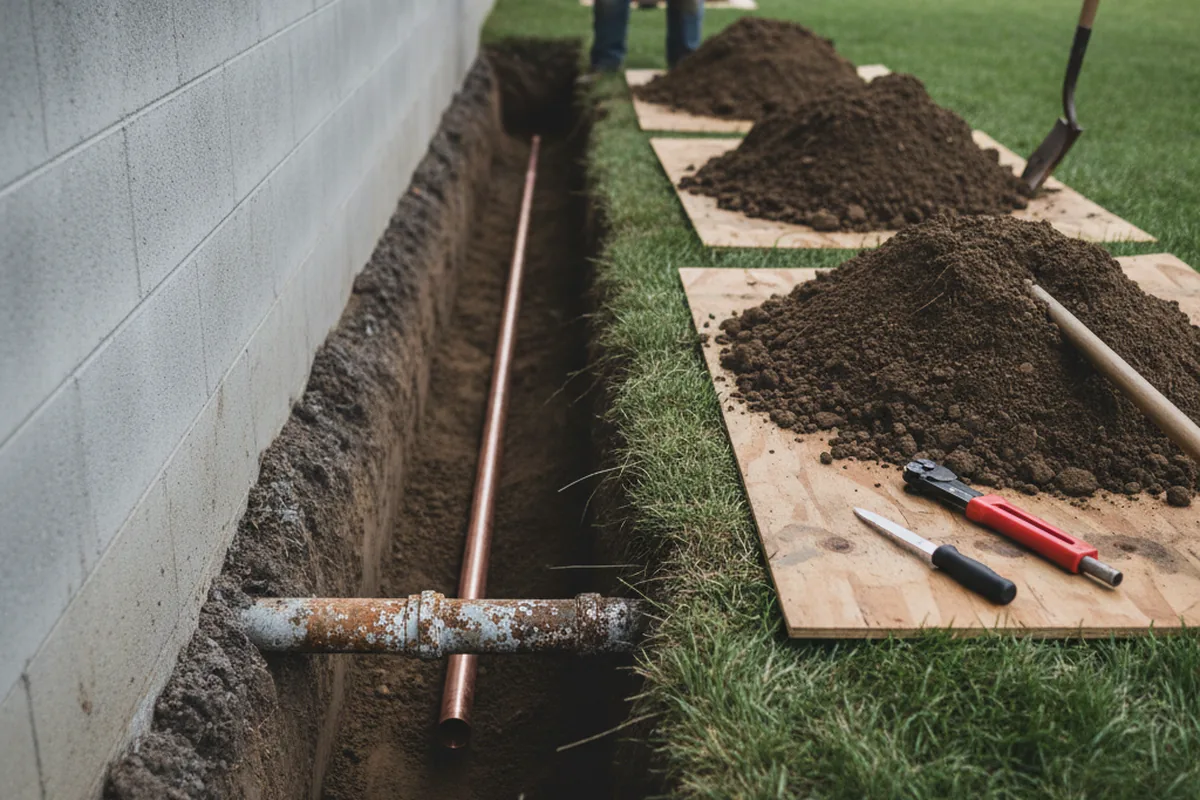 Excavated water line trench during Water Heater Repair in Culver